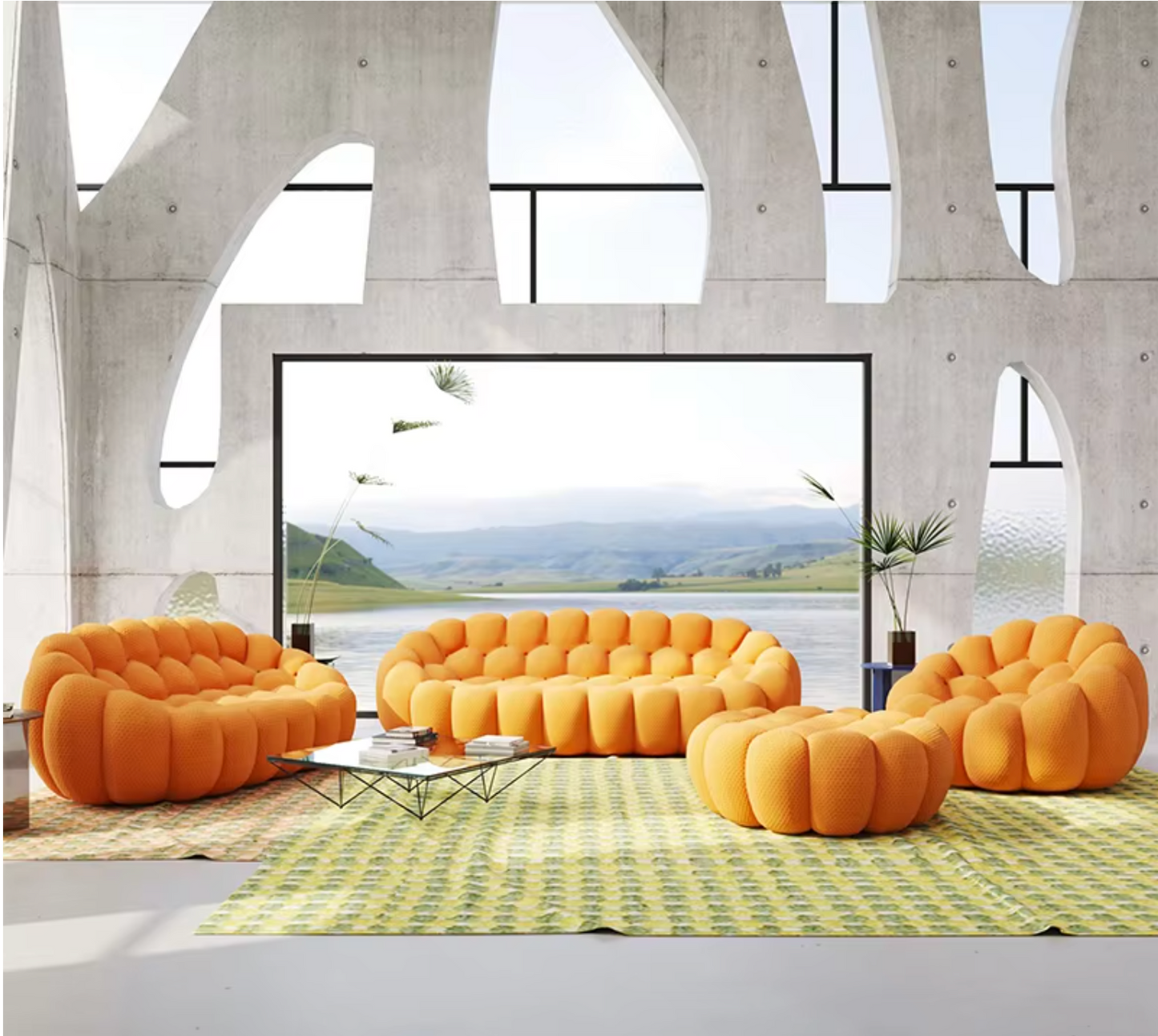 Compression Sofa - Living Room Furniture Italian 3D Honeycomb Mesh Fabric Curved Bubble Green Sofa 3 Seater Compression Football Sofas Couch Luxury Bubble Compression Sofas Stylish Comfortable Seating Living Room Sofa Modular Modern Compressed Sofas