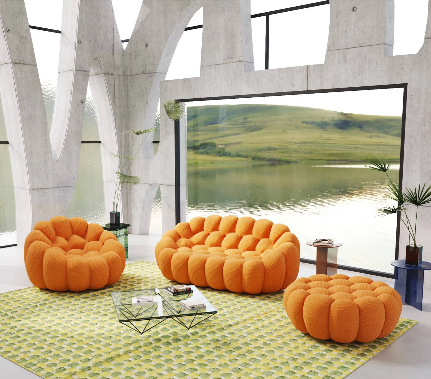 Compression Sofa - Living Room Furniture Italian 3D Honeycomb Mesh Fabric Curved Bubble Green Sofa 3 Seater Compression Football Sofas Couch Luxury Bubble Compression Sofas Stylish Comfortable Seating Living Room Sofa Modular Modern Compressed Sofas