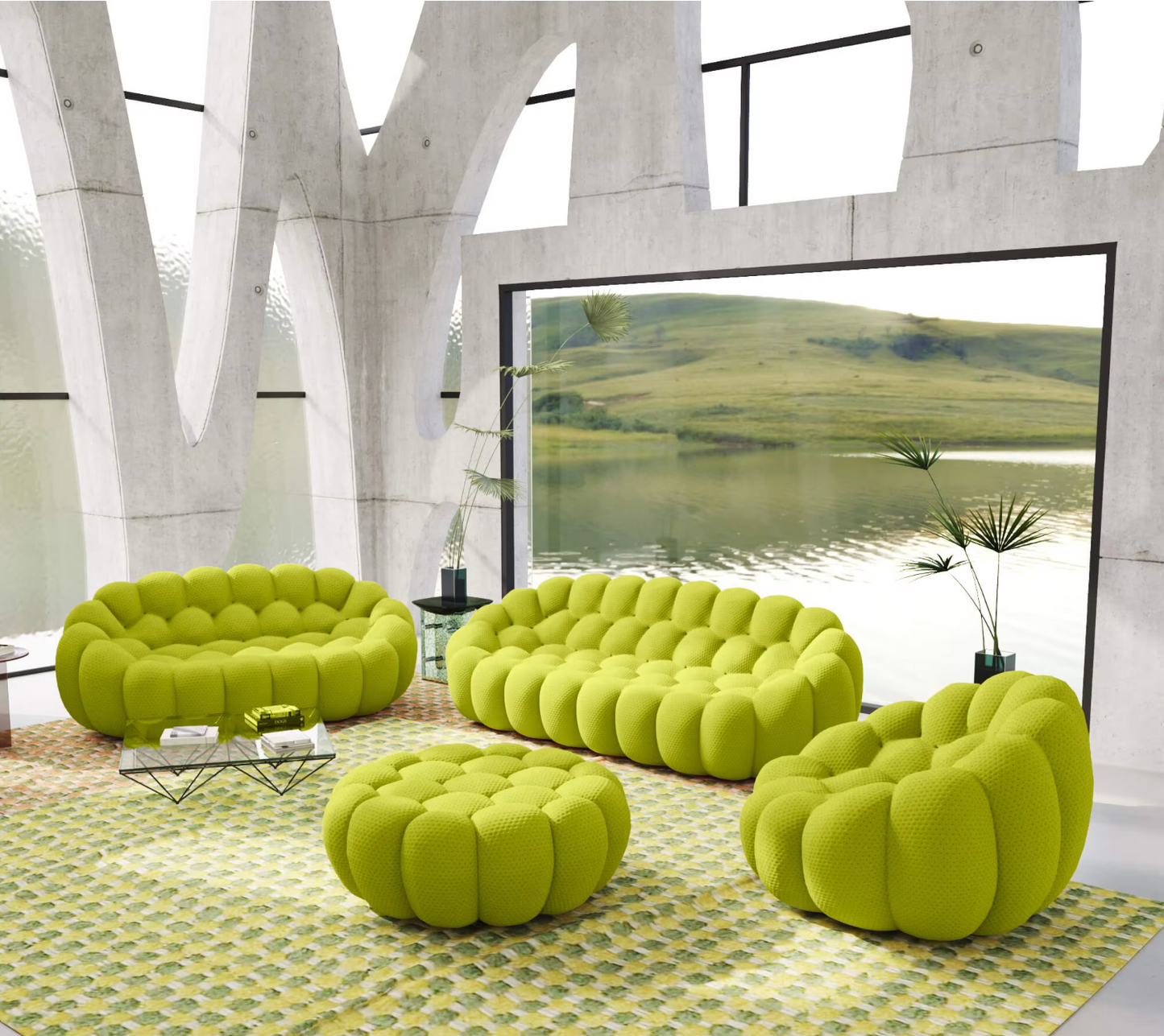 Compression Sofa - Living Room Furniture Italian 3D Honeycomb Mesh Fabric Curved Bubble Green Sofa 3 Seater Compression Football Sofas Couch Luxury Bubble Compression Sofas Stylish Comfortable Seating Living Room Sofa Modular Modern Compressed Sofas