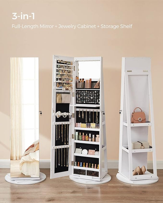 360 jewelry organization mirror, SONGMICS 6 LEDs Lockable Mirror Jewelry Cabinet, 360° Swivel Jewelry Organizer Armoire Standing, Frameless Full-Length Mirror, 3 Storage Shelves, White Surface, Black Lining
