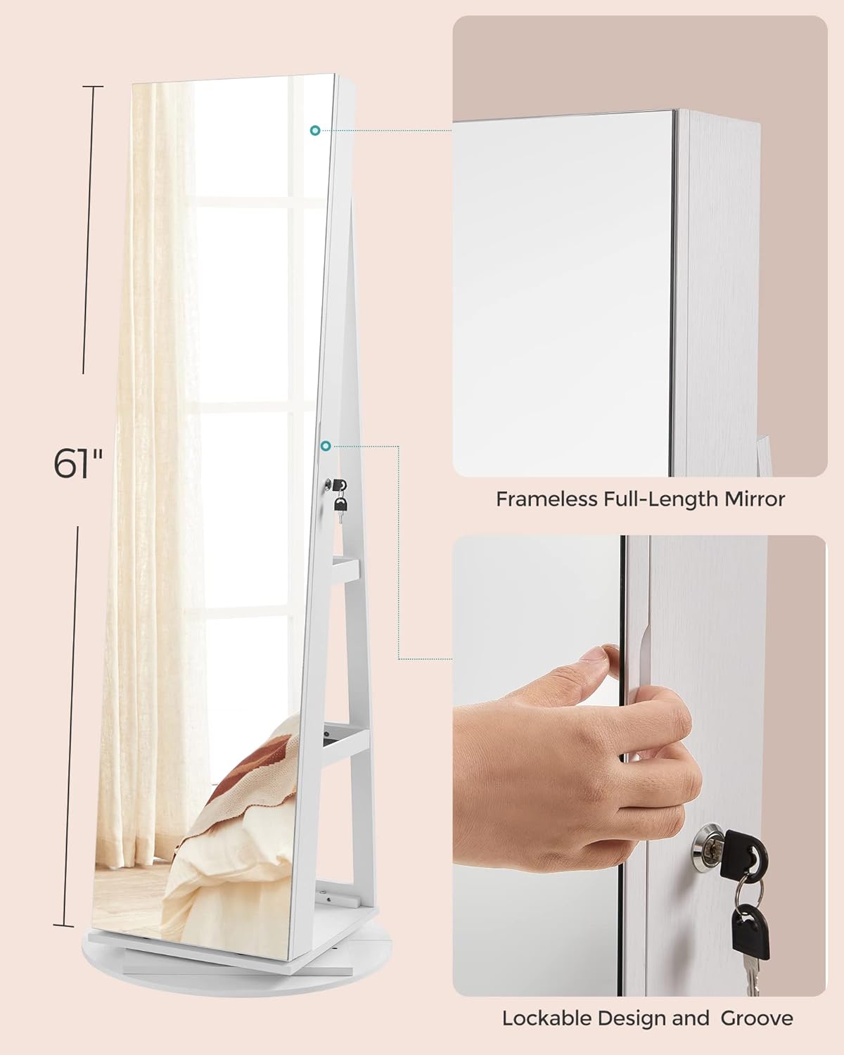 360 jewelry organization mirror， SONGMICS 6 LEDs Lockable Mirror Jewelry Cabinet, 360° Swivel Jewelry Organizer Armoire Standing, Frameless Full-Length Mirror, 3 Storage Shelves, White Surface, Black Lining