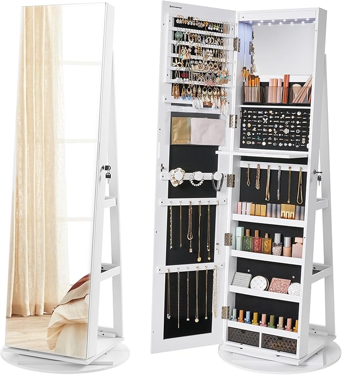 360 jewelry organization mirror， SONGMICS 6 LEDs Lockable Mirror Jewelry Cabinet, 360° Swivel Jewelry Organizer Armoire Standing, Frameless Full-Length Mirror, 3 Storage Shelves, White Surface, Black Lining