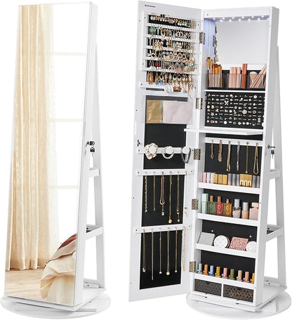 360 jewelry organization mirror， SONGMICS 6 LEDs Lockable Mirror Jewelry Cabinet, 360° Swivel Jewelry Organizer Armoire Standing, Frameless Full-Length Mirror, 3 Storage Shelves, White Surface, Black Lining