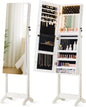 360 jewelry organization mirror， SONGMICS 6 LEDs Lockable Mirror Jewelry Cabinet, 360° Swivel Jewelry Organizer Armoire Standing, Frameless Full-Length Mirror, 3 Storage Shelves, White Surface, Black Lining